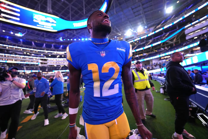 Dec 8, 2022; Inglewood, California, USA; Los Angeles Rams wide receiver Van Jefferson (12) celebrates after the game against the Las Vegas Raiders at SoFi Stadium. Mandatory Credit: Kirby Lee-USA TODAY Sports